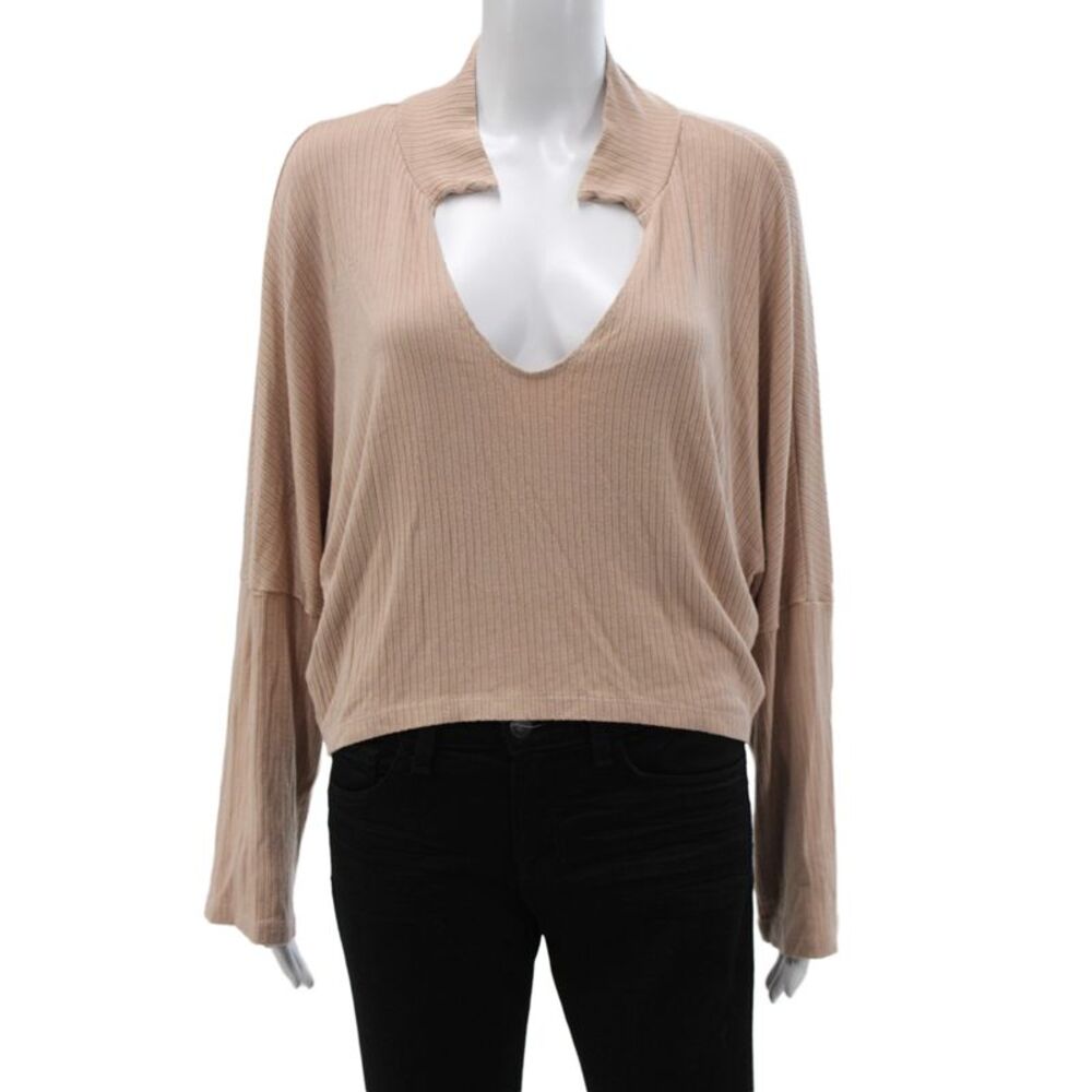 LNA Women Cropped V-Neck Long Sleeve Beige Viscose Blouse Size S